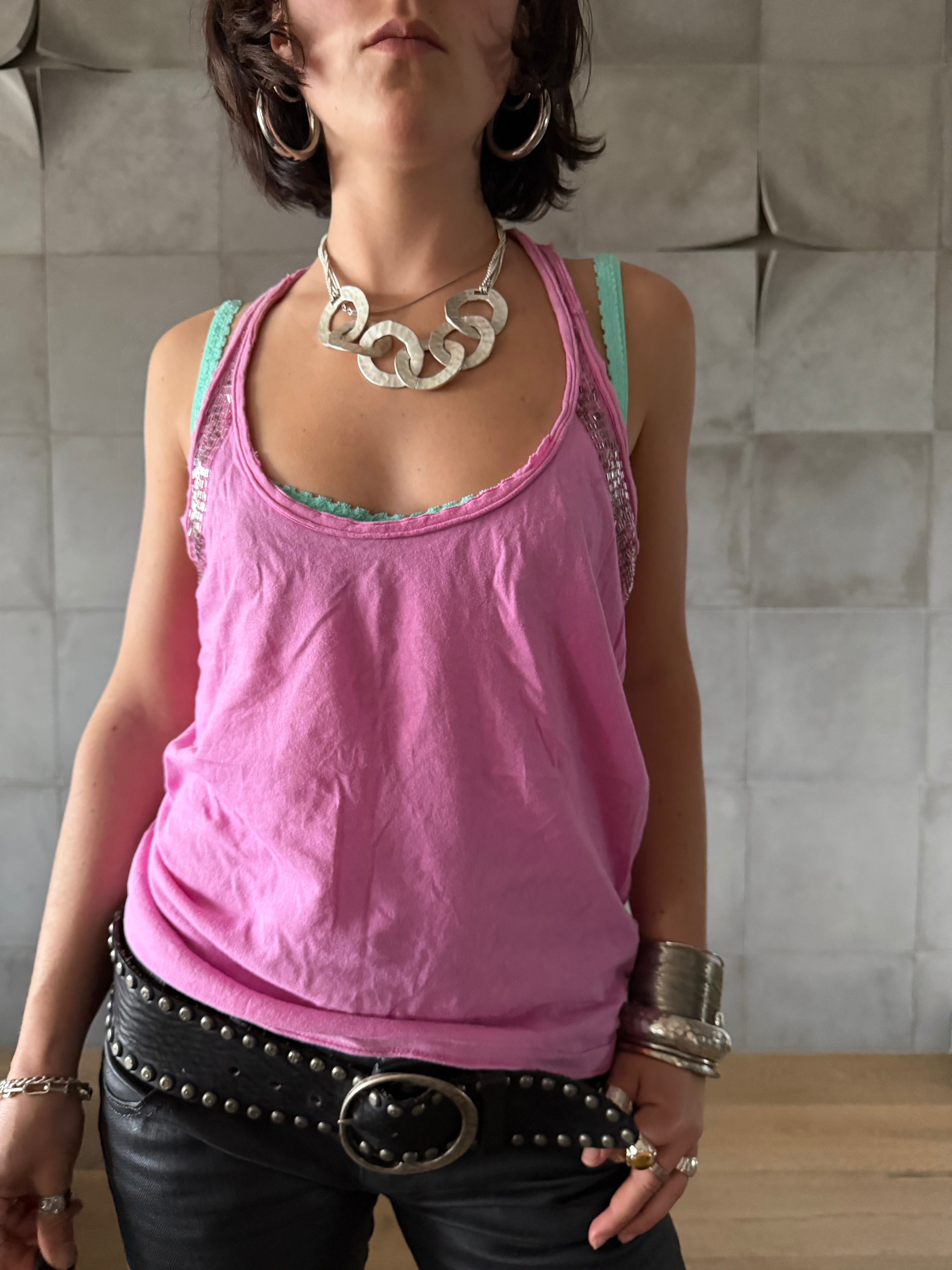 Pink distressed vest top